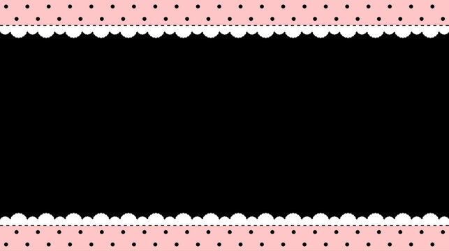 Pastel red polka dot background with solid black center frame and white scalloped lace border