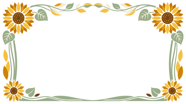 Sunflower decorative frame border with floral leaves, vector botanical illustration for wedding invitations, stationary, cards, summer floral layout