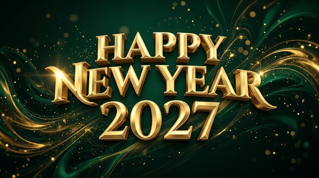Luxury Happy New Year 2027 banner featuring 3D golden text, glowing bokeh particles, and fluid silk waves on a deep emerald green background.