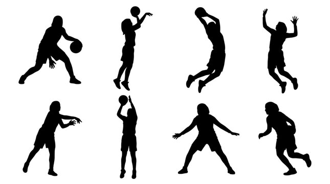 Set of silhouettes of female basketball players in various active game positions, dribbling, shooting, jumping, passing, athletic movement