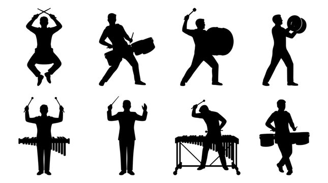 Set of black silhouettes of marching band musicians playing drums and percussion instruments, isolated vector illustration for musical events
