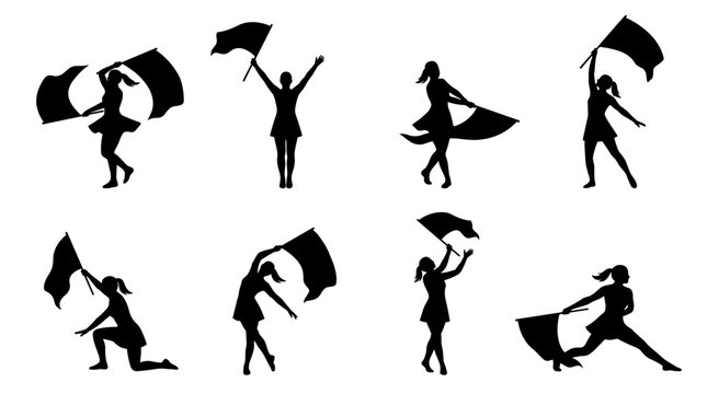 Set of marching band color guard silhouette poses with spinning flags, musical performance elements, performance movement, event celebration