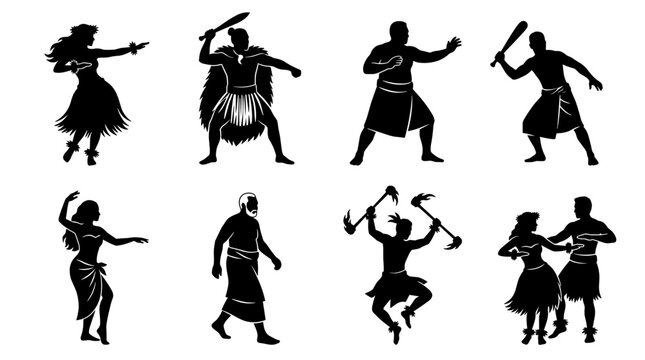 Set of silhouettes of ancient warriors and dancers in traditional clothing, historical tribal cultural heritage, ethnic movement and ceremonial