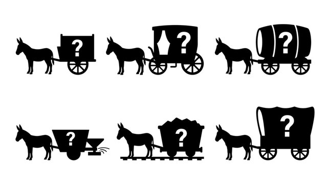 Set of black silhouettes featuring donkeys pulling wagons with mysterious question marks, mystery cargo, logistics, unknown travel, transportation