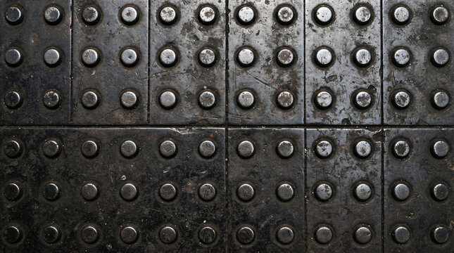 A top-down view of a dark, weathered metal surface featuring a regular grid of raised circular bumps or studs, commonly used for tactile paving or anti-slip industrial flooring