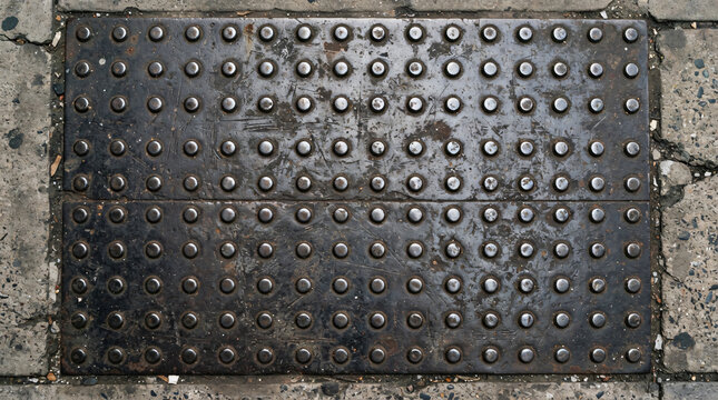 A top-down view of a dark, weathered metal surface featuring a regular grid of raised circular bumps or studs, commonly used for tactile paving or anti-slip industrial flooring