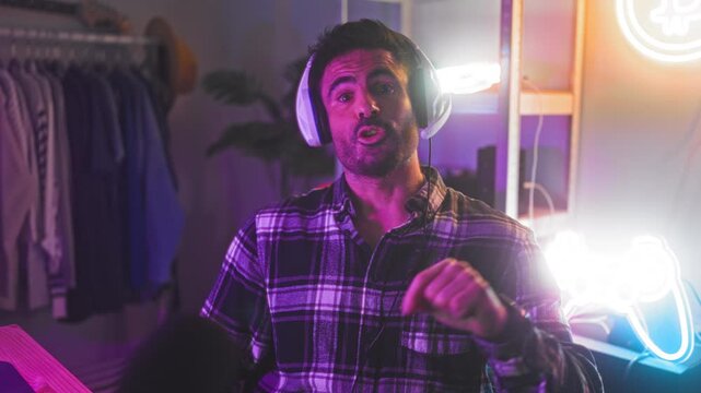 Man in plaid shirt wearing headset pointing finger and speaking toward camera in streaming studio with neon sign and clothing rack; focused gameplay.
