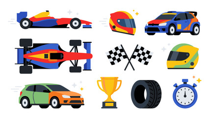 Naklejka premium Set of racing vehicles and equipment featuring formula cars, rally machines, helmets, trophies, checkered flags, tires, stopwatch for sports