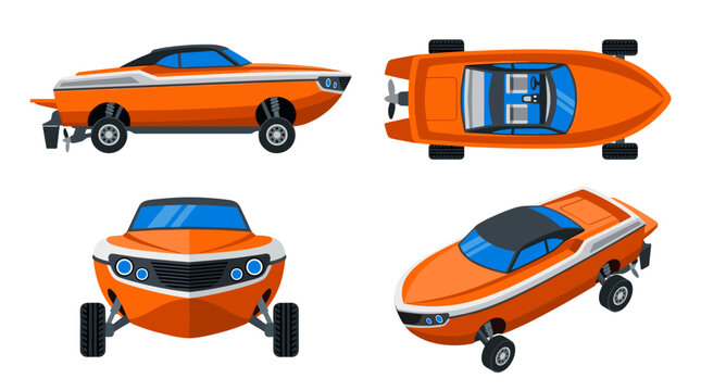 Set of orange amphibious boat car hybrid vehicle different viewpoints, side front top isometric perspective, marine transport, aquatic adventure