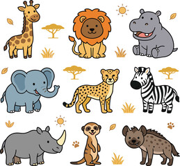 Naklejka premium Cute Cartoon Safari Animal Character Set with Little Lion Giraffe Elephant Hippo Cheetah Zebra Rhino Meerkat and Hyena for Savanna Graphic Designs