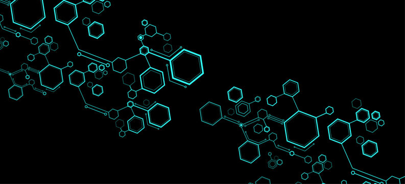 Futuristic connected cyan hexagons for Technology or Science background. Hexagonal pattern for scientific research presentation or cyber tech concept. Vector Illustration.
