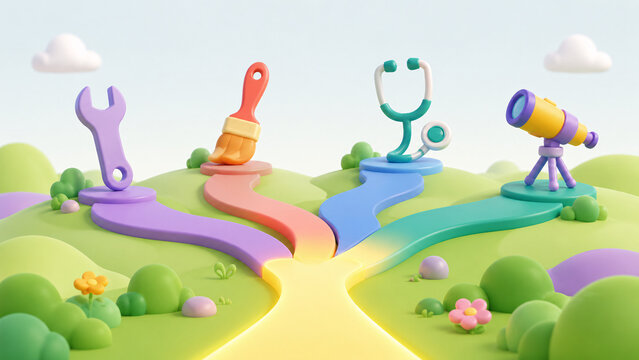 3D cartoon path splitting into different career choices featuring wrench paintbrush stethoscope and telescope