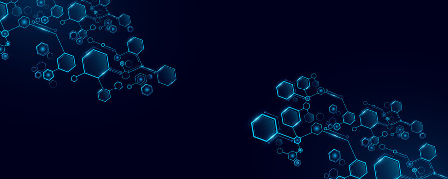 Futuristic connected blue glowing hexagons for Technology or Science background. Hexagonal pattern for scientific research presentation or cyber tech banner. Vector Illustration.