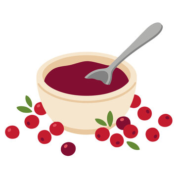 Bowl of cranberry sauce with spoon and fresh berries vector illustration berry sauce thanksgiving condiment fruit dish red berries side dish fresh cranberries condiment ingredient