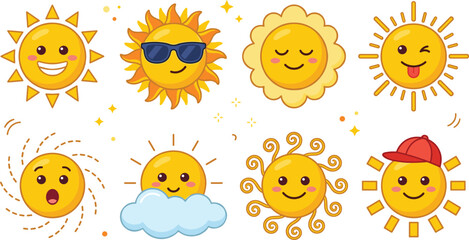Fototapeta premium Cute Kawaii Sun Character Icon Set with Smiling Summer Suns Wearing Sunglasses Red Cap Peeking Behind Cloud and Winking for Weather Graphic Designs