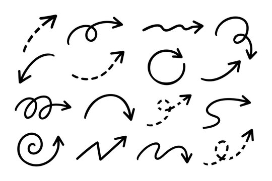 Hand Drawn Arrow Vector Set Curved Dashed Line Pointer