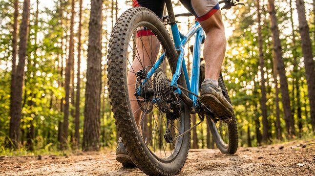 Man riding a mountain bike through a forest on a sunny day