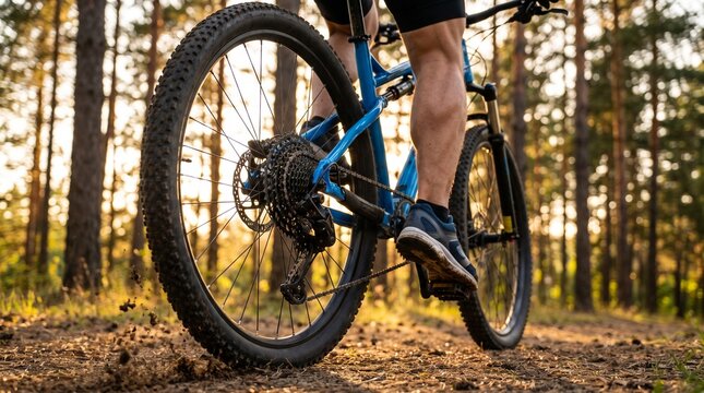 Close up of a cyclist riding a mountain bike on a forest trail during sunset