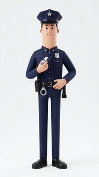 3D cartoon police officer character in blue uniform holding whistle isolated on white background
