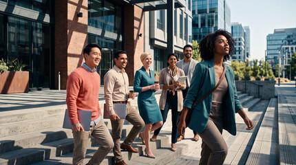 Obraz premium Young multicultural team on office steps