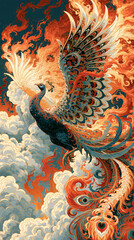 Obraz premium Celestial Phoenix Rising: An ethereal phoenix, a mythical creature of fire and rebirth, ascends through swirling clouds, its magnificent wings unfurled in a vibrant display of flame and iridescence.