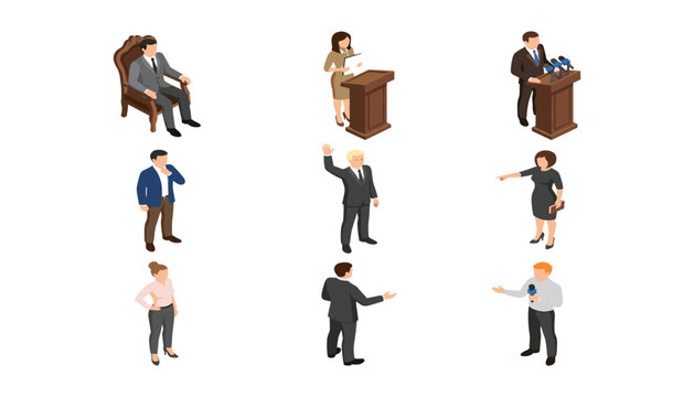Isometric Politician and Press Conference Character Vector Set with Public Speakers, Press Podium, Journalists, Lectern, and Interview Elements for Corporate Media Designs