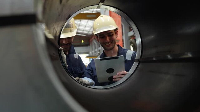 Engineers and staff are inspecting the assembly line system in a metal sheet and metal roofing manufacturing plant. (VDO 4K)	