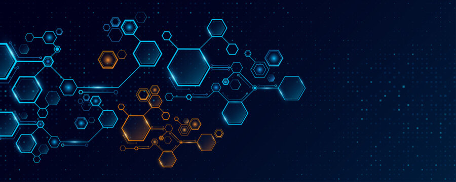 Connected blue and orange glowing hexagons for Technology or Science background. Hexagonal pattern for scientific research presentation or cyber tech banner. Vector Illustration.