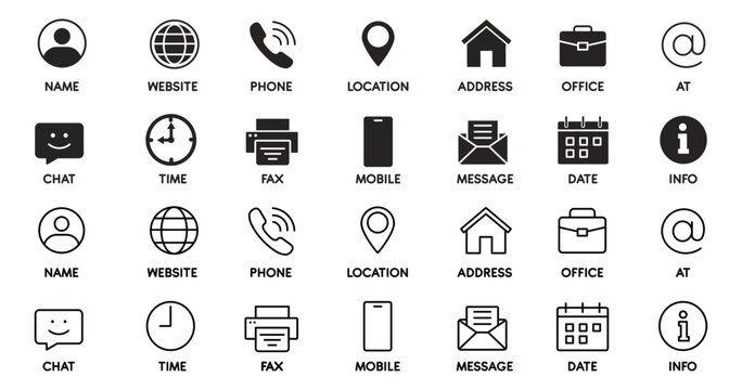 Contact icon set, containing home, website, user, globe, email, communication and more, Interface details sign, Mobile and message symbol, vector illustration