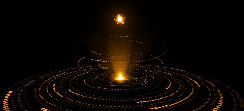 Futuristic dark orange digital space with glowing light trails concentric dotted orbital rings projecting atomic particles for Abstract Technology background. Vector illustration.