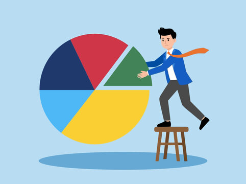 Businessman assembling a colorful pie chart for data analysis and market share strategy.