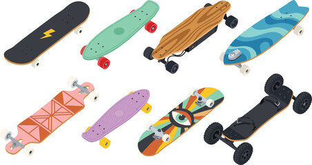 Isometric Skateboard and Longboard Vector Icon Set Featuring Electric Boards, Penny Cruisers, Downhill Decks, and All-Terrain Off-Road Skateboards for Urban Sport Designs © MdAshik