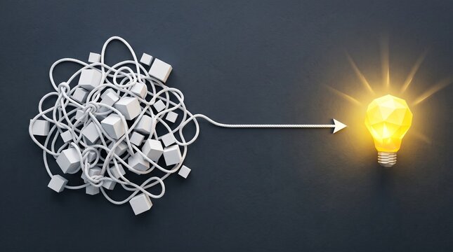 Complexity simplification concept with tangled network transforming into clear direction representing efficiency and problem solving