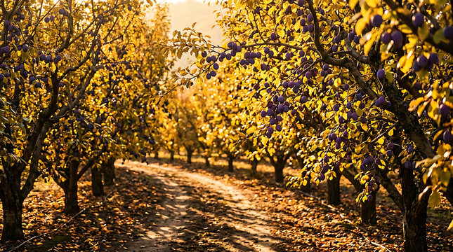 Sunlit orchard path winding between plum trees laden with ripe purple fruit