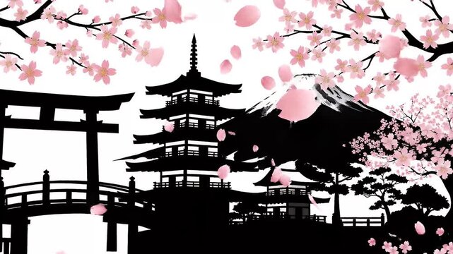 Japanese landscape silhouette with blooming sakura trees, falling petals, torii gate, and pagoda under Fuji mountain, motion graphic loop