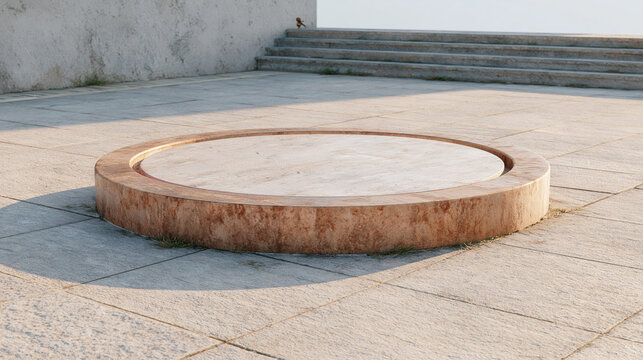 Circular stone platform with stone tiles and weathered finish.