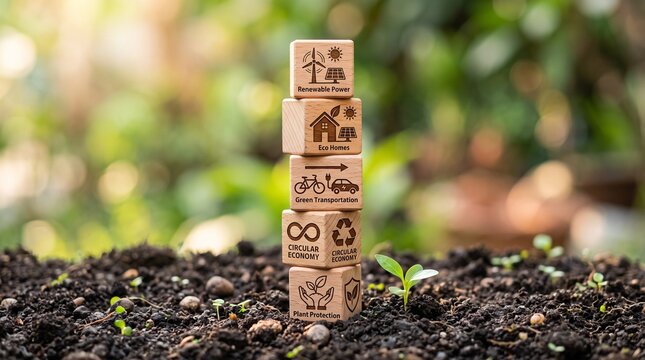 Stacked wooden blocks with symbols for green energy, sustainable living, and recycling on fertile soil with a sprout, symbolizing environmental commitment and a greener future