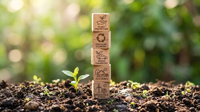 Nurturing a sustainable future with eco-friendly principles, symbolized by stacked wooden blocks displaying environmental commitment alongside a young plant in rich soil
