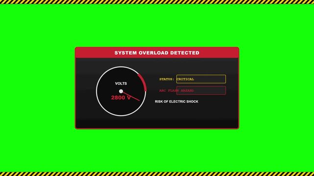 System overload warning interface featuring high voltage meter gauge and electrical hazard stripes on green screen background