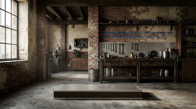 Empty Product Display Platform Standing Inside an Old Industrial Workshop Garage Interior