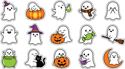 Fototapeta premium Cute cartoon Halloween ghost stickers set with funny characters and autumn elements for design