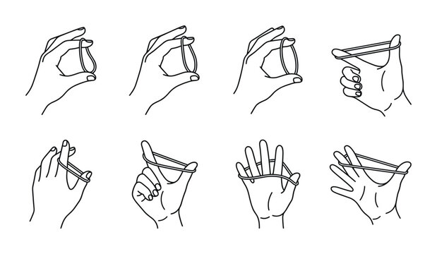 Hand holding rubber bands in various ways for creative projects and fun.