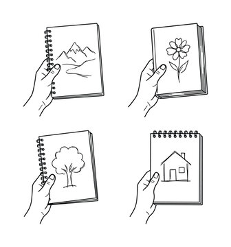 Hand holding sketchbooks with nature drawings for art and inspiration.
