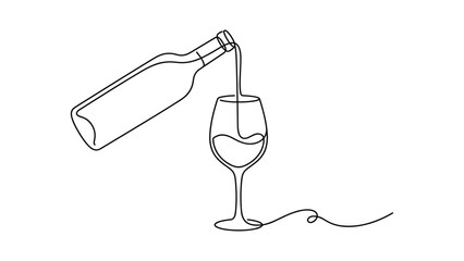 Naklejka premium A continuous line drawing of a wine bottle pouring wine into a glass.