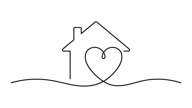 A minimalist continuous line drawing of a house combined with a heart shape.
