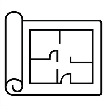 Floor plan blueprint rolled paper icon for architectural design construction planning and interior renovation works.