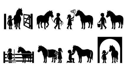 Fototapeta premium Set of silhouettes featuring children interacting with horses, farm activities, animal care, equestrian hobby, rural lifestyle, nursery decor element