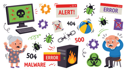 Fototapeta premium Set of cybersecurity threats and malware icons featuring stressed elderly people, computer viruses, broken links, and system errors for digital