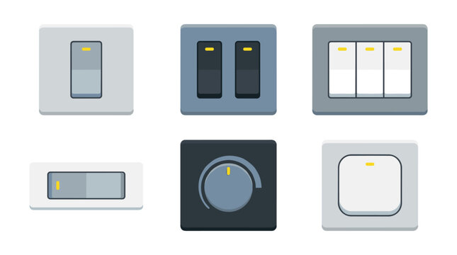 Set of electrical light switches and dimmer knobs in flat vector style for home wiring infrastructure, renovation, energy control, industrial power