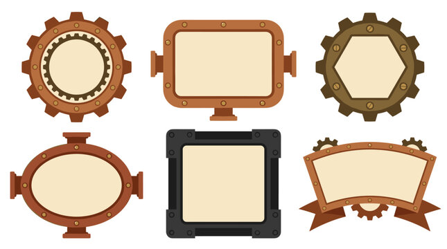 Set of steampunk industrial frames with metallic gears and mechanical elements, vintage machine borders for game interface and decorative signage